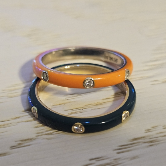 ❌️EF Collection 14K 3 Diamond Orange Enamel Ring 5.75 - Picture 9 of 9